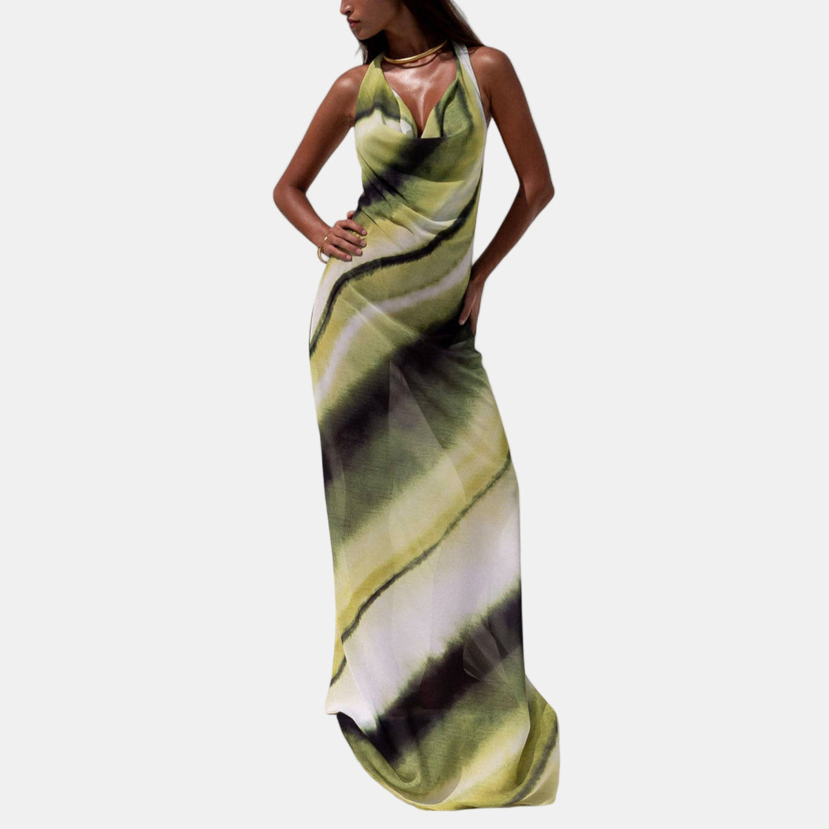 Watercolor halter maxi dress with sleeveless drape, flowing skirt in green tones