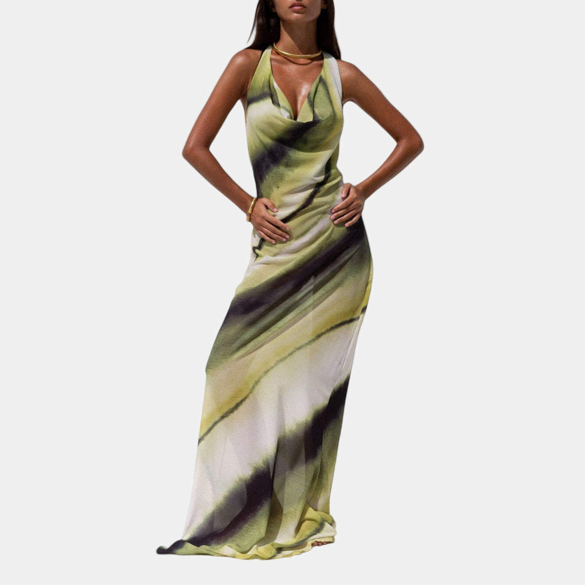 Sleeveless halter maxi dress with draped cowl bust and green watercolor print