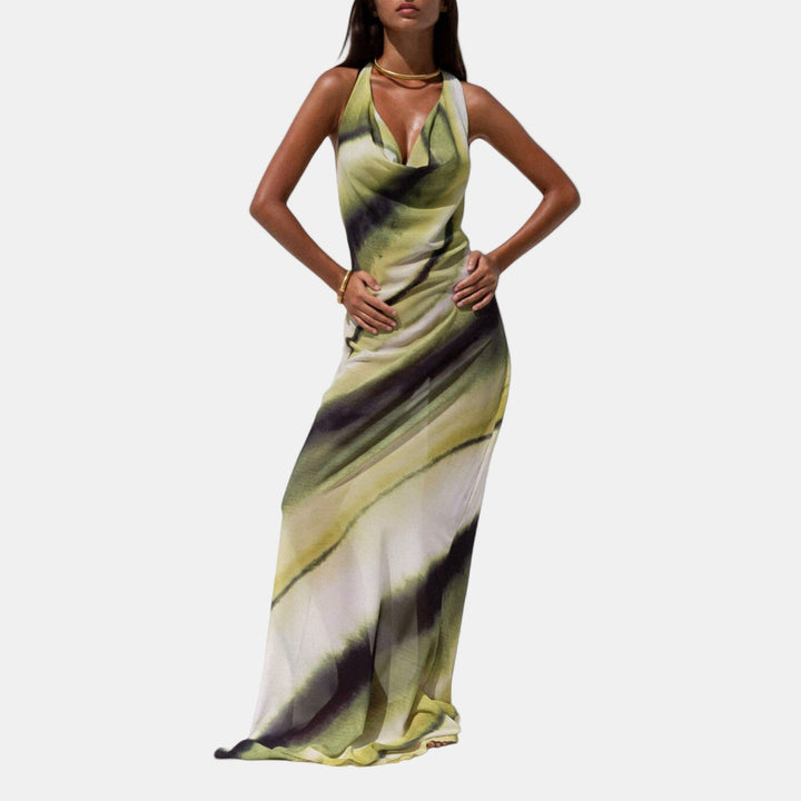 Sleeveless halter maxi dress with draped cowl bust and green watercolor print