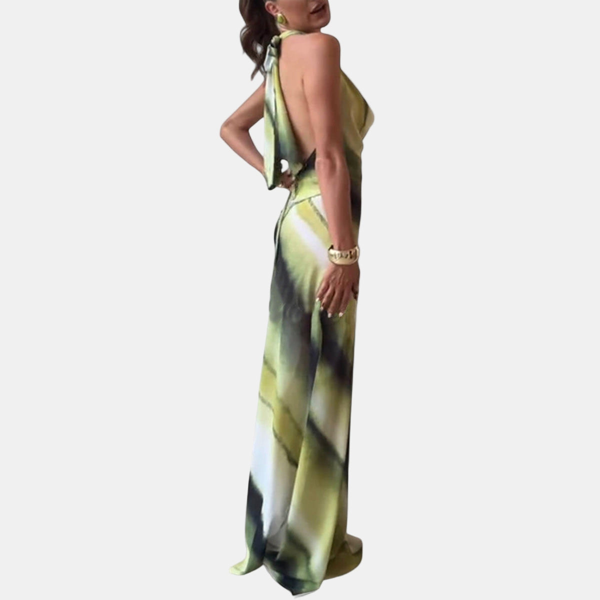 Backless watercolor maxi dress with halter neck tie and open back, sleeveless