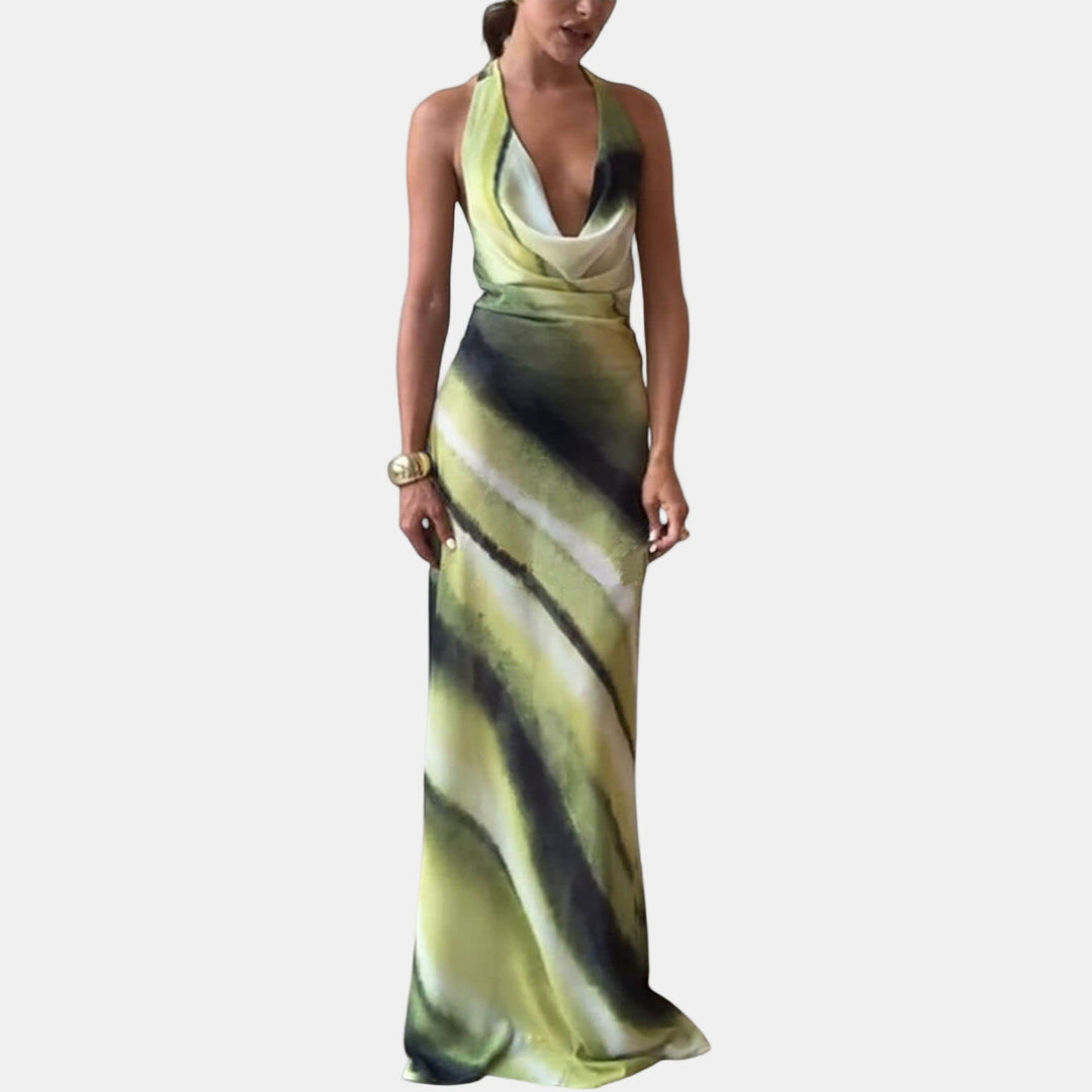 Green and black watercolor maxi dress with cowl halter neckline, sleeveless