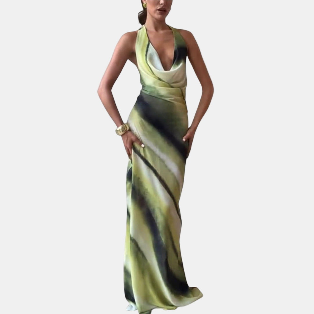 Green and black watercolor maxi dress with draped diagonal panels, halter neckline
