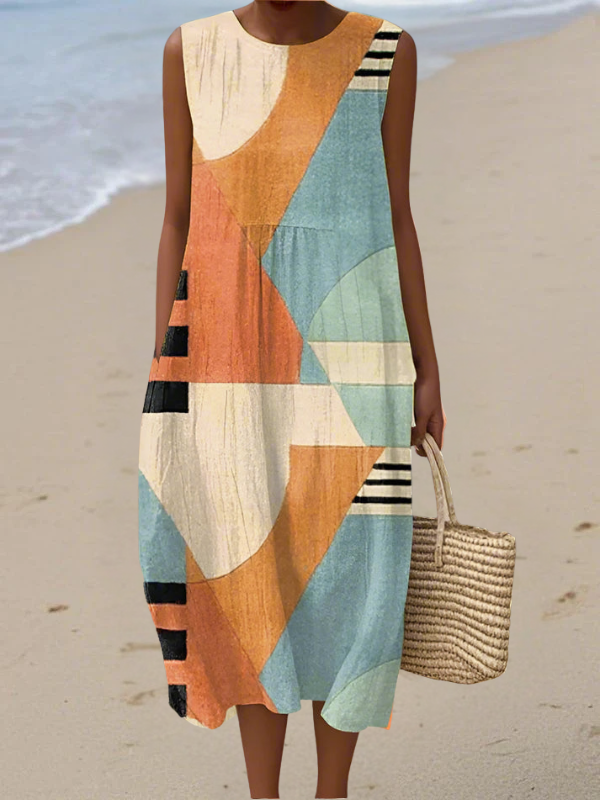 Multicolor geometric sleeveless midi dress with scoop neck and patchwork panels