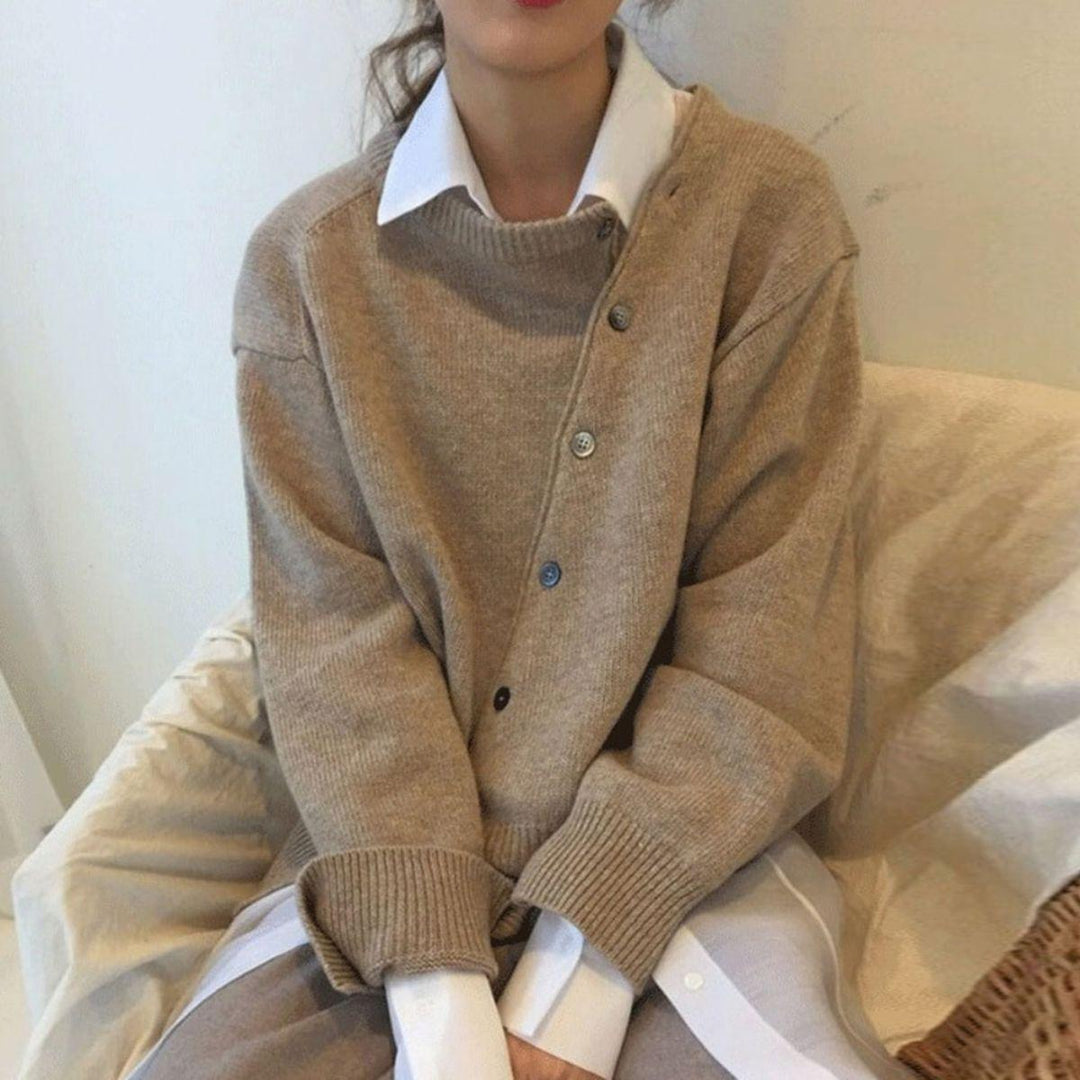 Khaki asymmetric button cardigan with ribbed crewneck and long sleeves