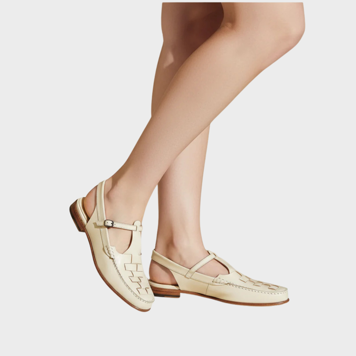 Ivory woven charm sandals with T-strap and buckle, low block heel