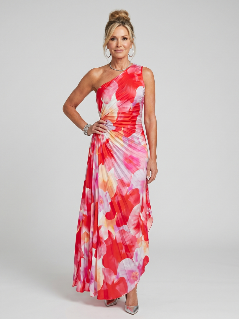 One-shoulder floral midi dress with pleated bodice, red pink and white pattern