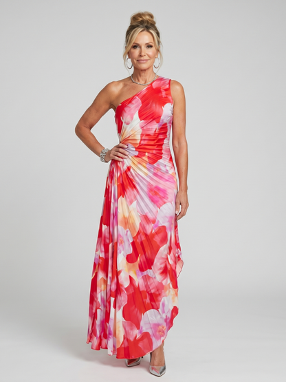 One-shoulder floral midi dress with pleated bodice, red pink and white pattern