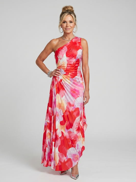 One-shoulder floral midi dress with pleated bodice, red pink and white pattern