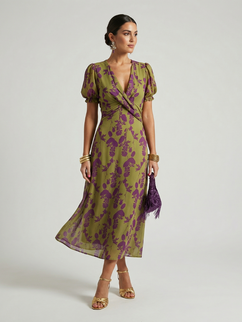 Floral midi dress with V-neck wrap bodice, short puff sleeves, and gathered tie waist