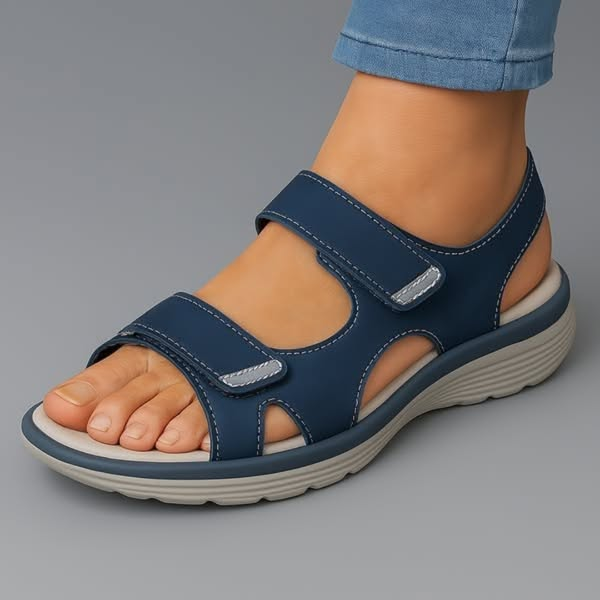Blue orthopaedic sandals with two hook-and-loop straps and cushioned sole