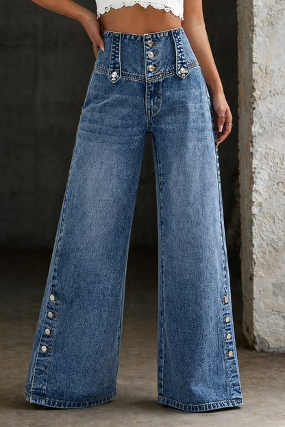 High-waist blue wide-leg jeans with double front pockets and decorative button tabs