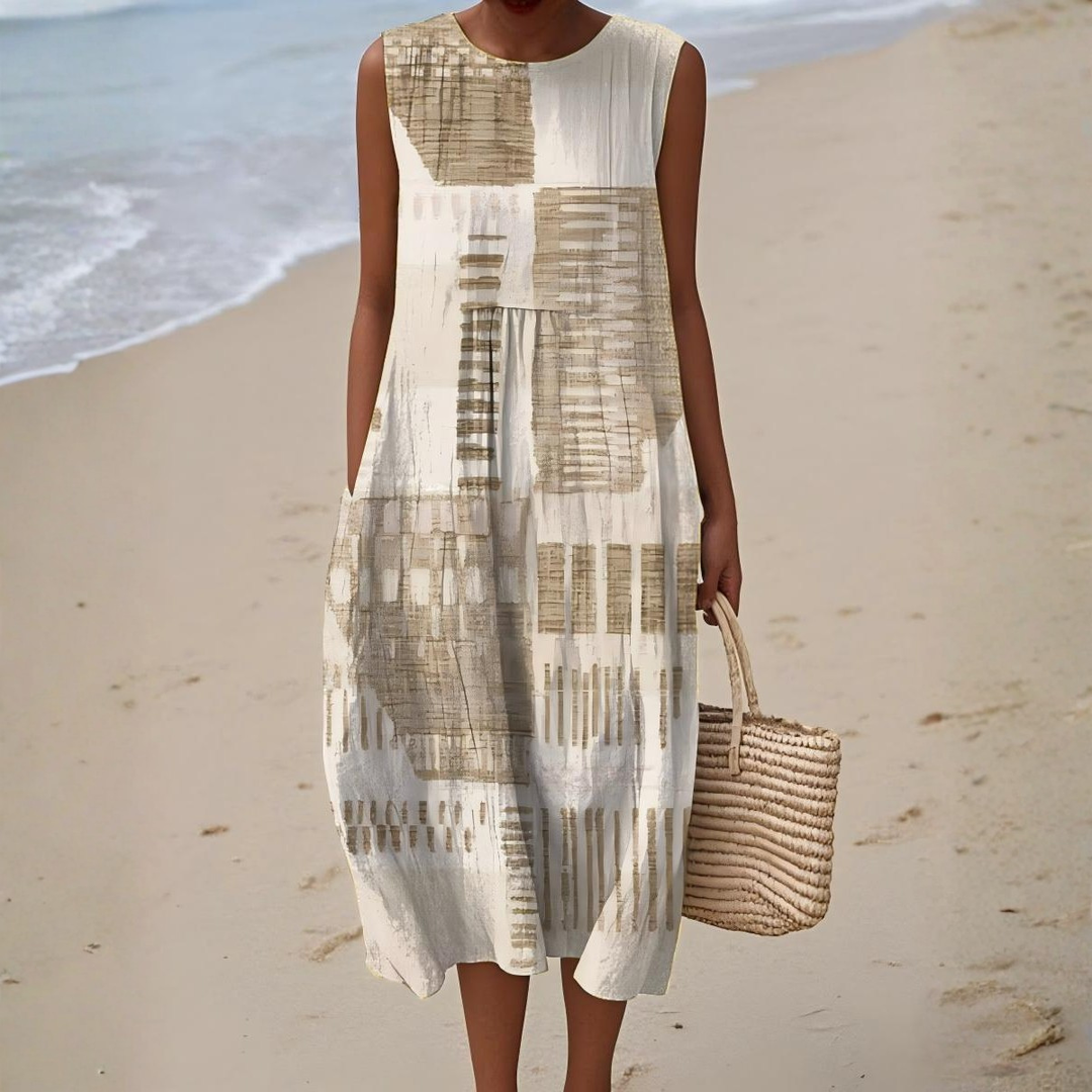 Abstract summer dress, sleeveless with round neck, white with sand graphic panel