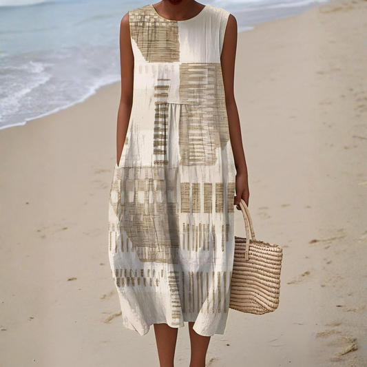 Abstract summer dress, sleeveless with round neck, white with sand graphic panel