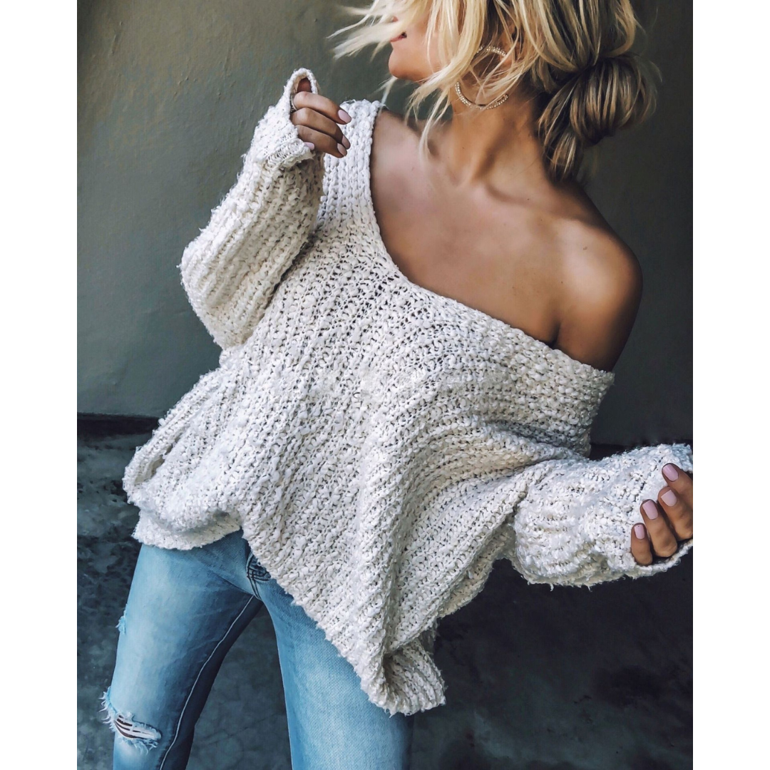 Lightweight knit sweater, white, off-shoulder wide neckline with long sleeves