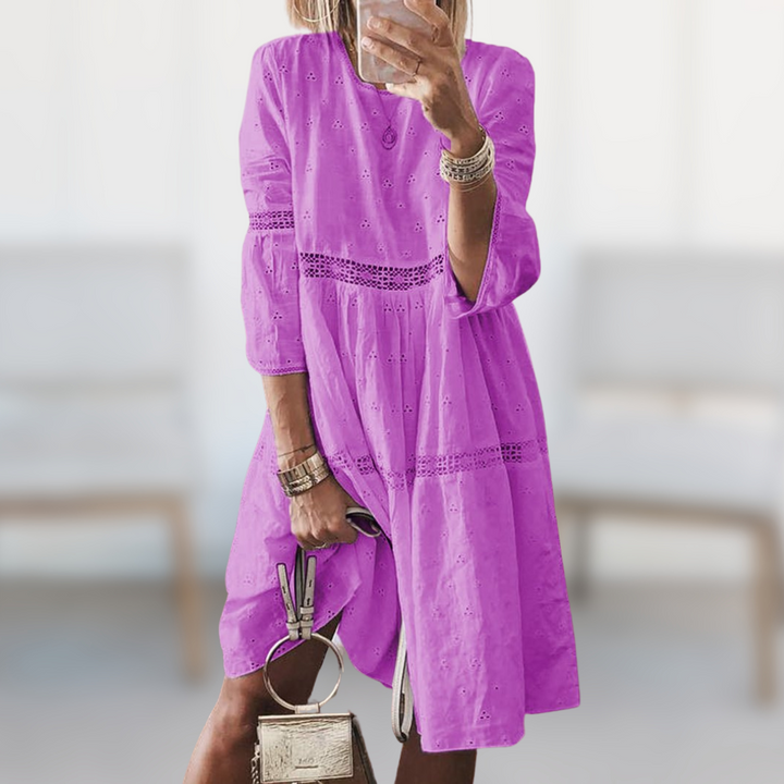 Mabel purple summer dress with 3/4 puff sleeves, eyelet yoke and tiered skirt