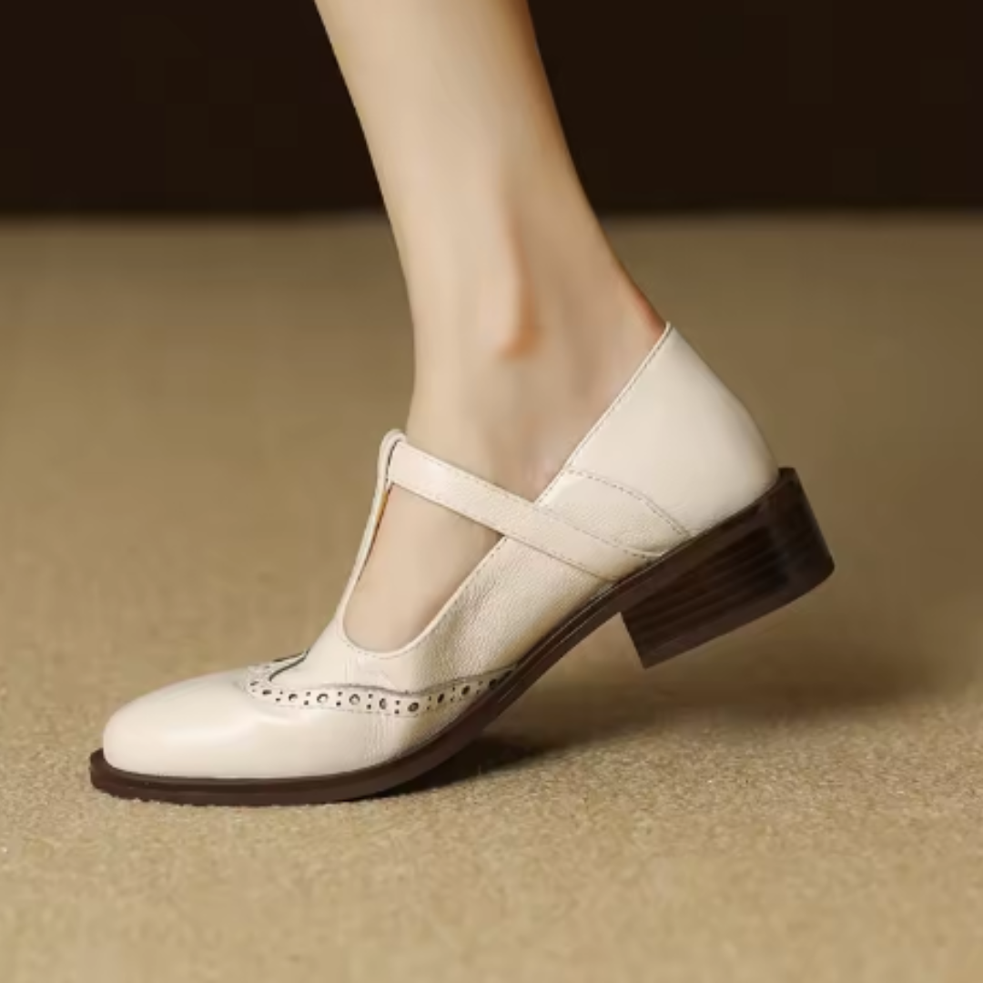 Mary Jane shoes in beige with perforated toe and ankle strap