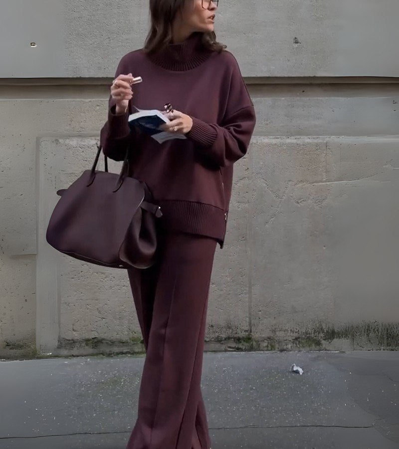 Dark plum high-neck knit top and wide-leg pants two-piece set, ribbed turtleneck.