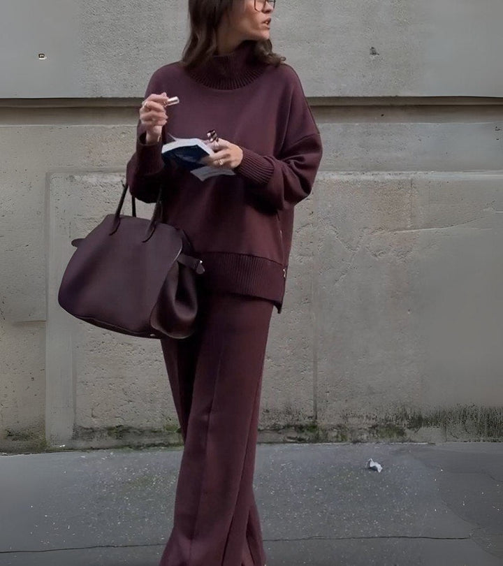 Dark plum high-neck knit top and wide-leg pants two-piece set, ribbed turtleneck.