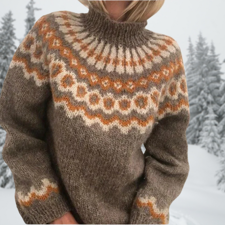 Brown knit sweater with high turtleneck and patterned yoke, long sleeves