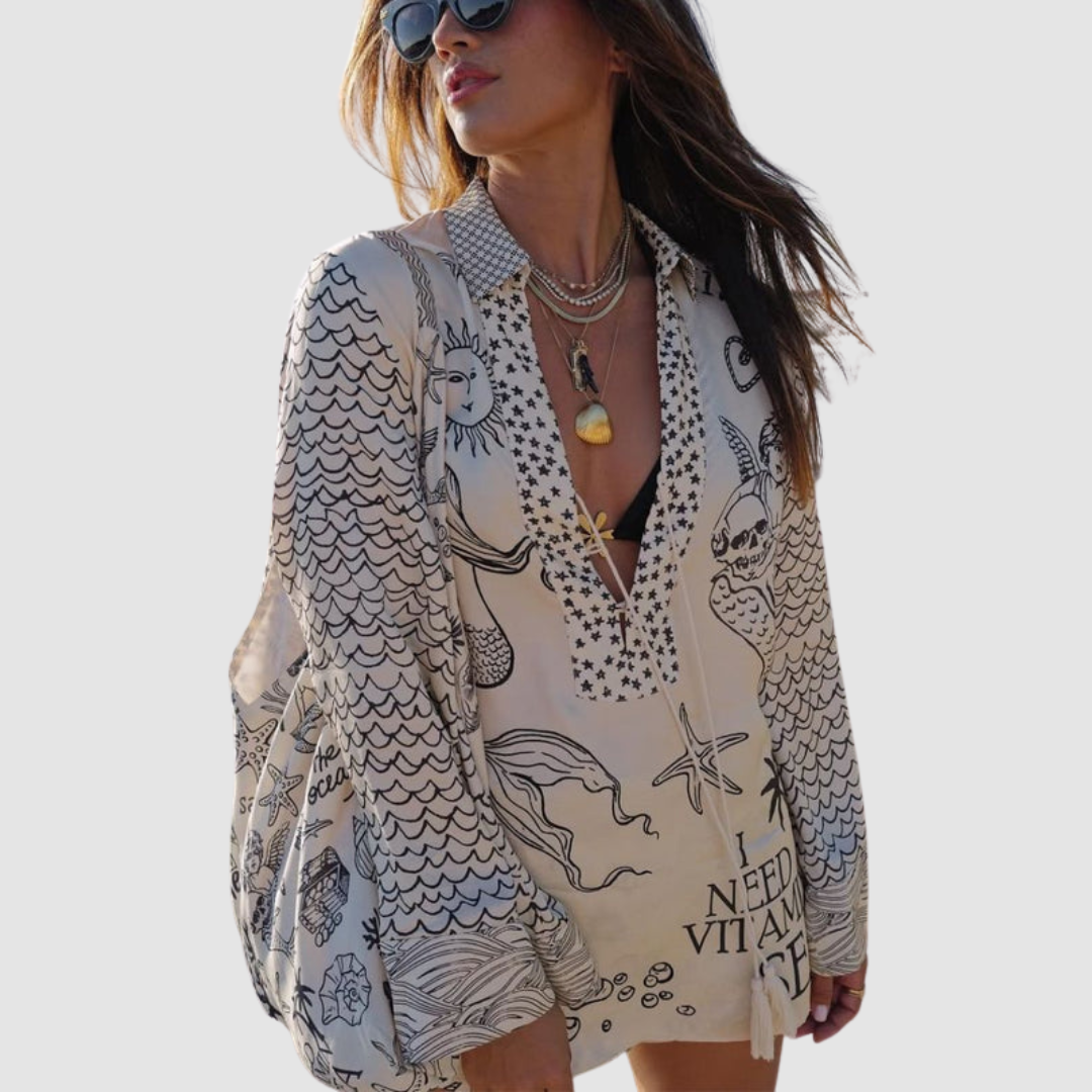 Olivia™ two-piece set: long-sleeve V-neck printed shirt with elastic-waist shorts