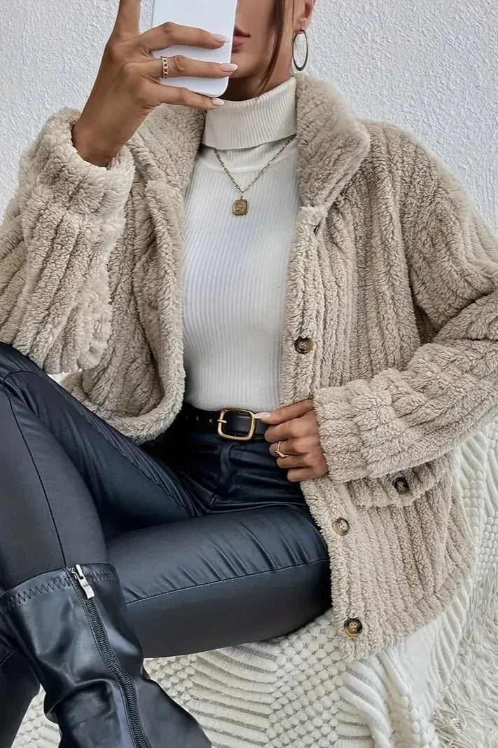 Beige velvet button cardigan with notched collar, button placket, ribbed cuffs