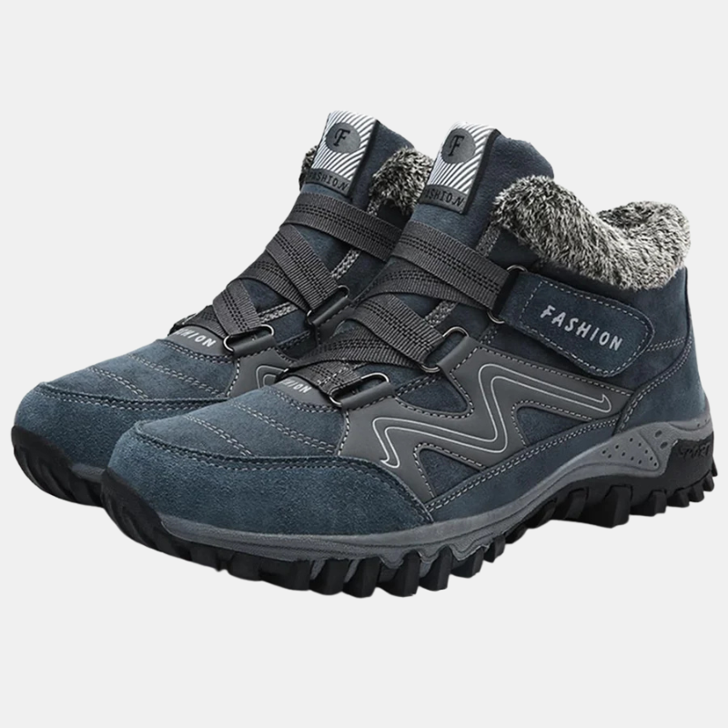 Blue orthopedic shoes with hook-and-loop straps and padded fuzzy collar