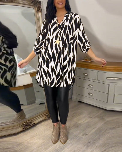 ALEXANDRA™ women’s printed loose-fit tunic, dark base with pink abstract zebra print, V-neck