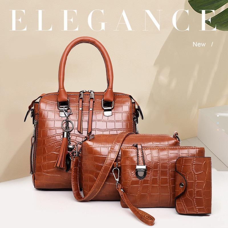 Brown croc-pattern 4-piece handbag set with top handle, shoulder strap, and wallet pouch