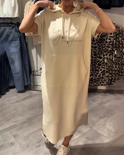 Beige long hooded dress with short sleeves and front pouch pocket