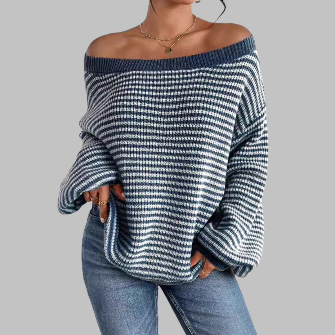 Striped drop-shoulder long-sleeve sweater, off-shoulder neckline, blue and white