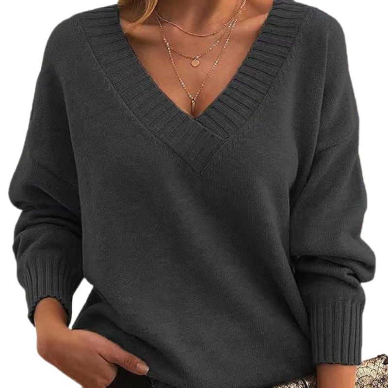 Lightweight V-neck sweater, dark gray knit with ribbed V-neck and cuffs