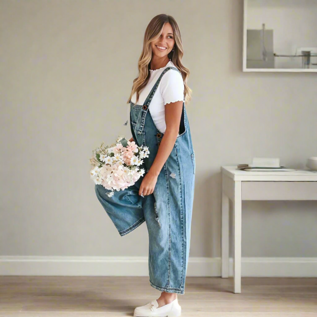 Vintage-wash denim adjustable jumpsuit, light blue with bib pocket and button straps