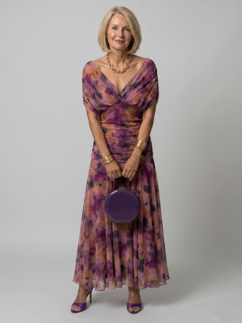 Purple off-shoulder flow midi dress with twisted bust and short sleeves
