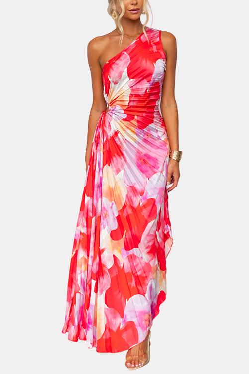 Red one-shoulder maxi dress with watercolor floral print and tied waist