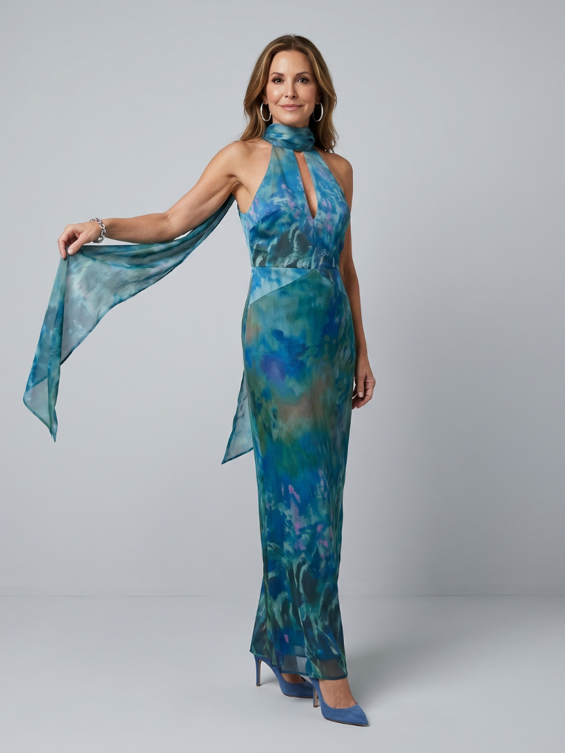 Blue halter sleeveless maxi dress with keyhole neckline and flowing fabric panels