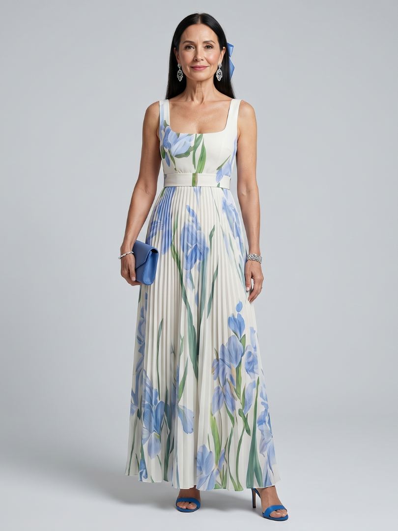 Sleeveless square-neck floral midi dress in white with blue and green blooms