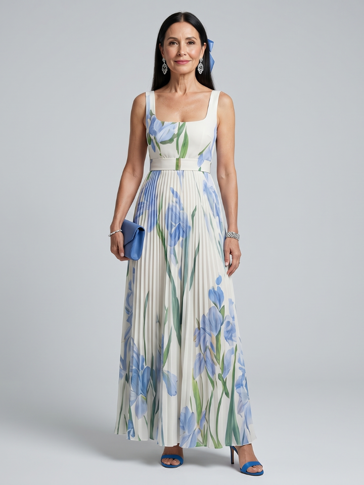 Sleeveless square-neck floral midi dress in white with blue and green blooms