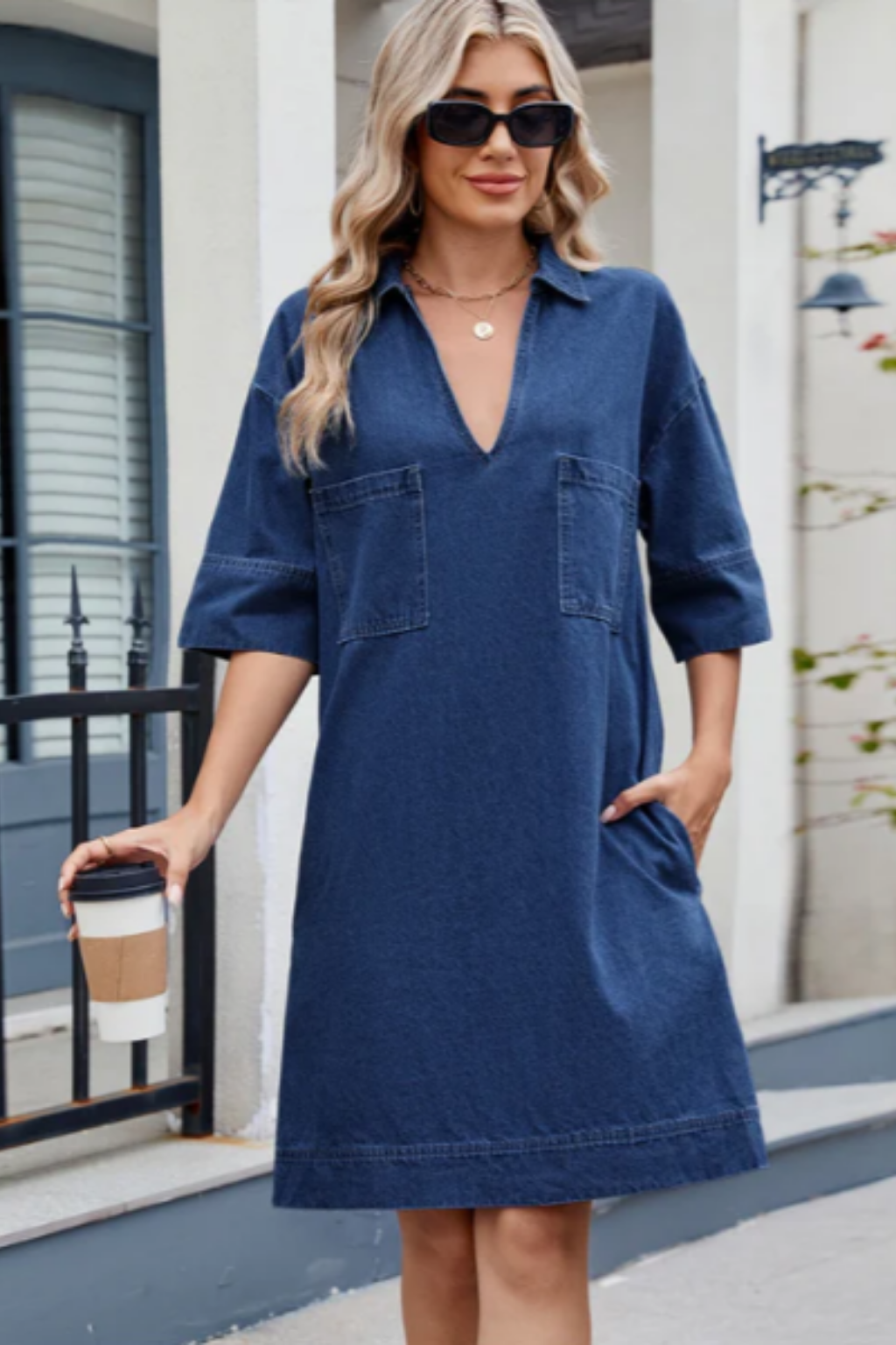 Dark blue denim V-neck casual dress with chest pockets and loose short sleeves