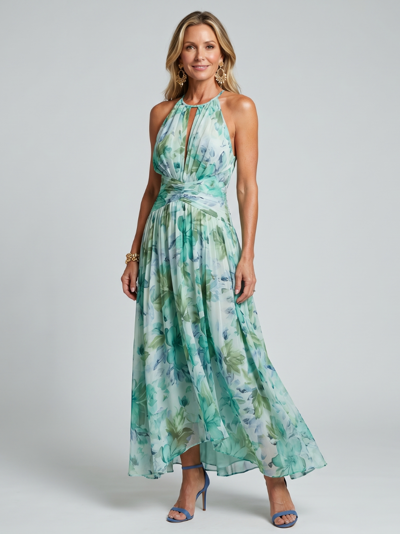 Green halter midi dress with pleated skirt and soft floral print, gathered waist