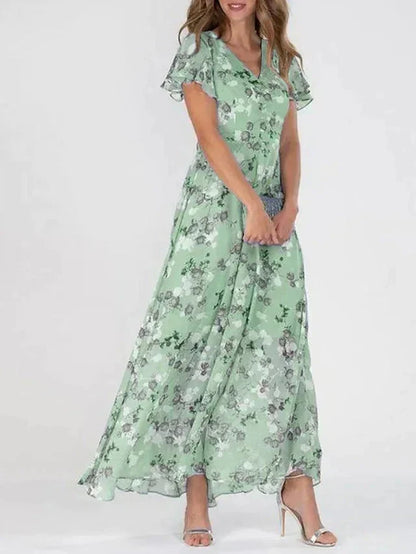 Green floral short-sleeve dress with V-neck and gathered midi skirt