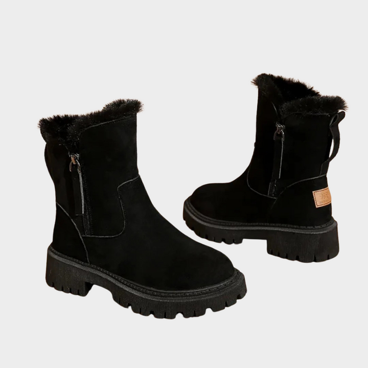 Black comfort boots with faux-fur cuffs, side zippers, and thick lug soles