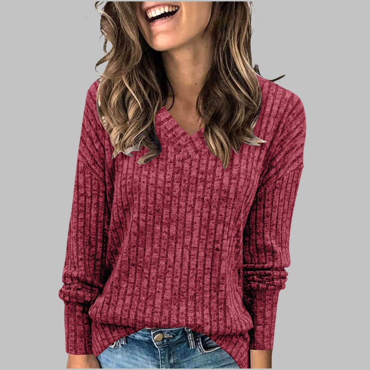 Claret V-neck long-sleeve casual sweater with ribbed knit texture
