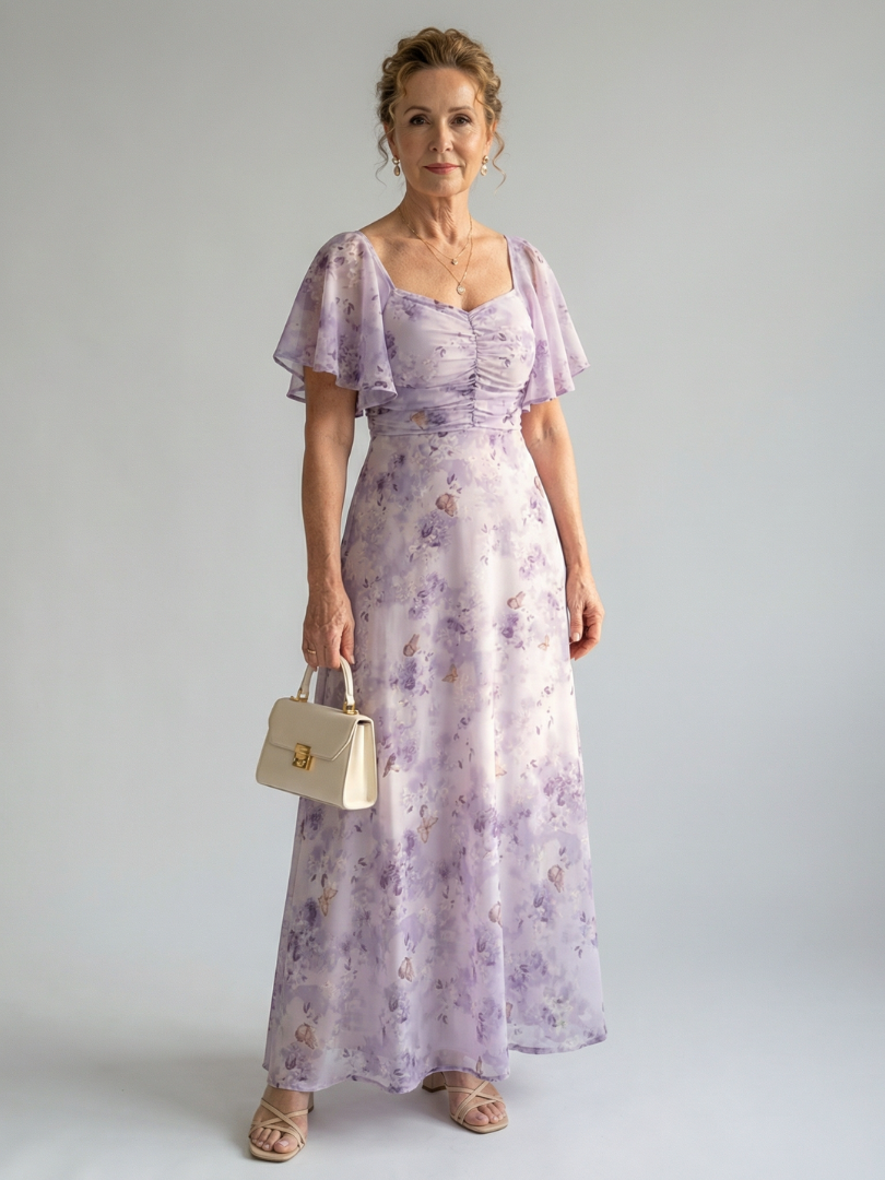 Floral flutter sleeve midi dress in lavender with ruched square neckline and gathered waist