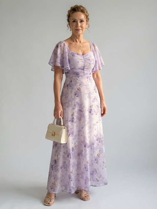Floral flutter sleeve midi dress in lavender with ruched square neckline and gathered waist
