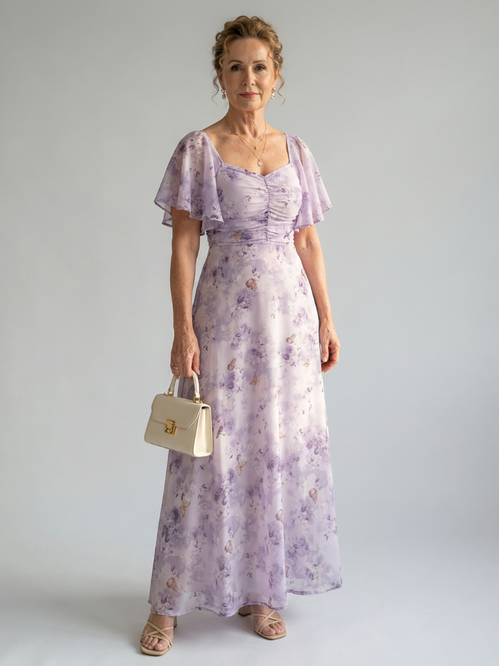 Floral flutter sleeve midi dress in lavender with ruched square neckline and gathered waist