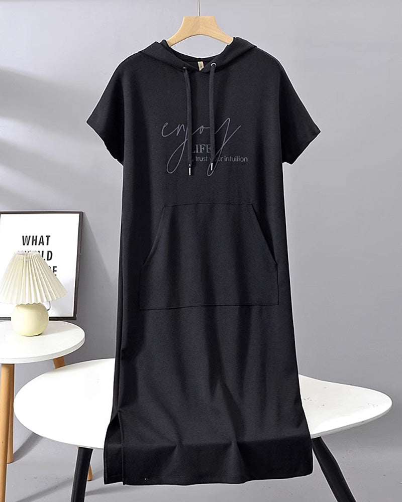 Black long hooded dress with short sleeves, front pocket, drawstring hood