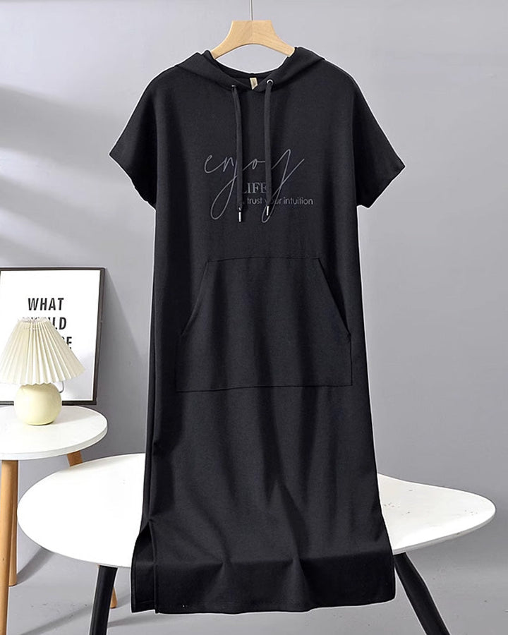 Black long hooded dress with short sleeves, front pocket, drawstring hood