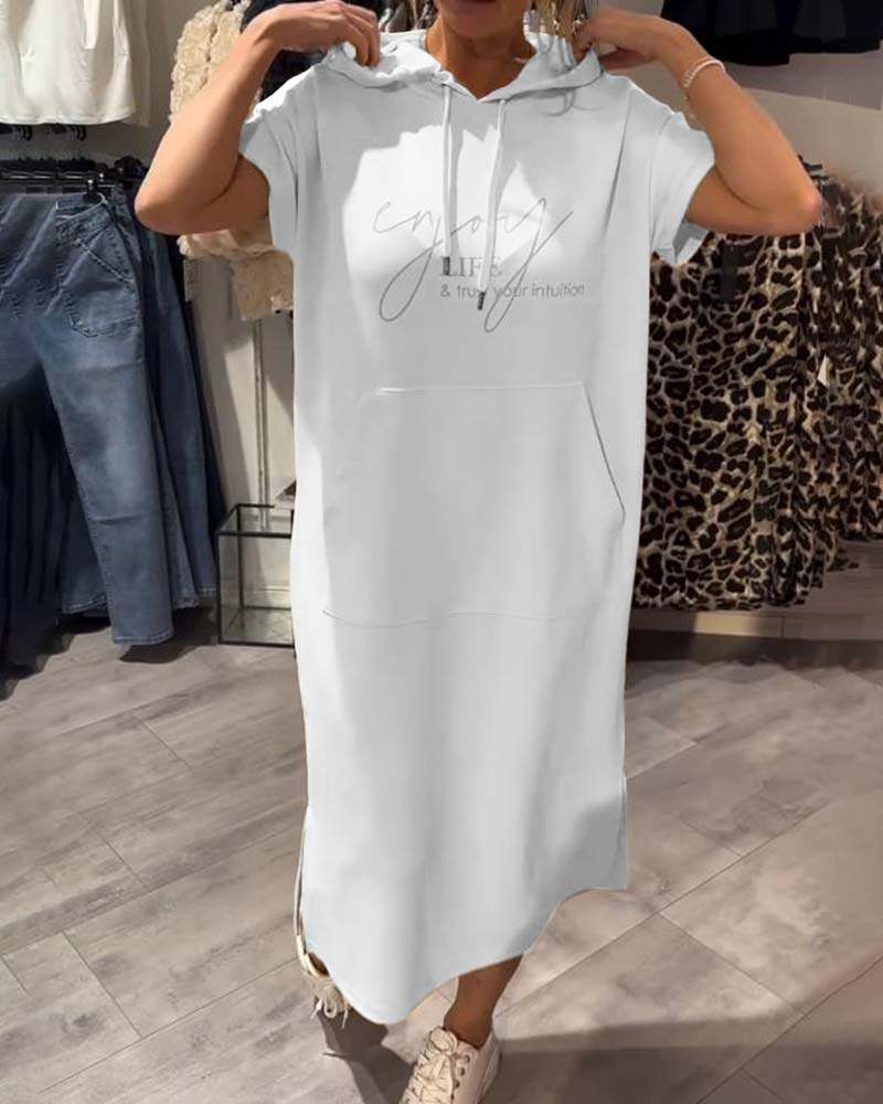 White long hooded dress with short sleeves and front pouch pocket