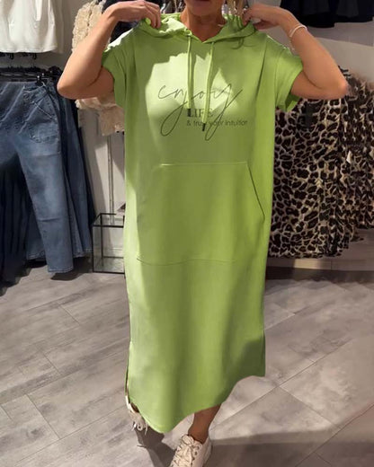Green long hooded dress with short sleeves, front pouch pocket