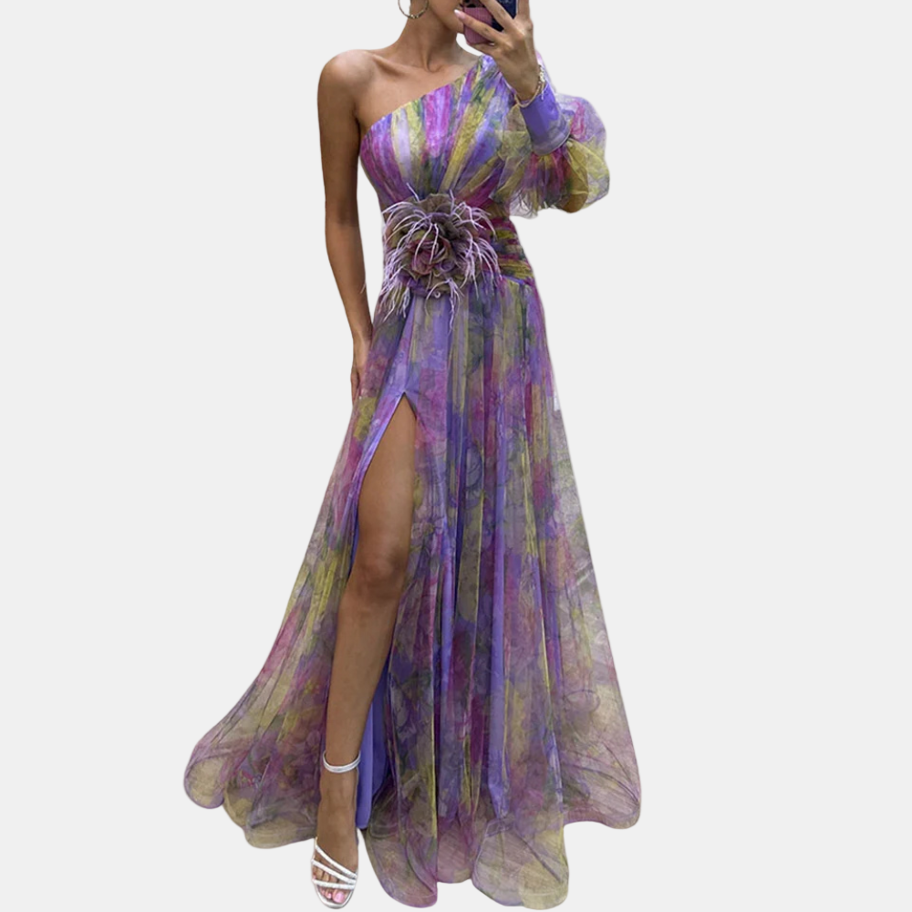 One-shoulder long-sleeve tulle dress, purple and yellow striped with thigh slit